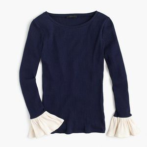 EUC J. Crew Ribbed Bell Sleeve Top Navy Cream S